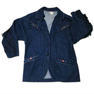 Vtg Western Fringed Denim Jean Jacket Blazer Laurie Lee USA Bling Women's Sz 14